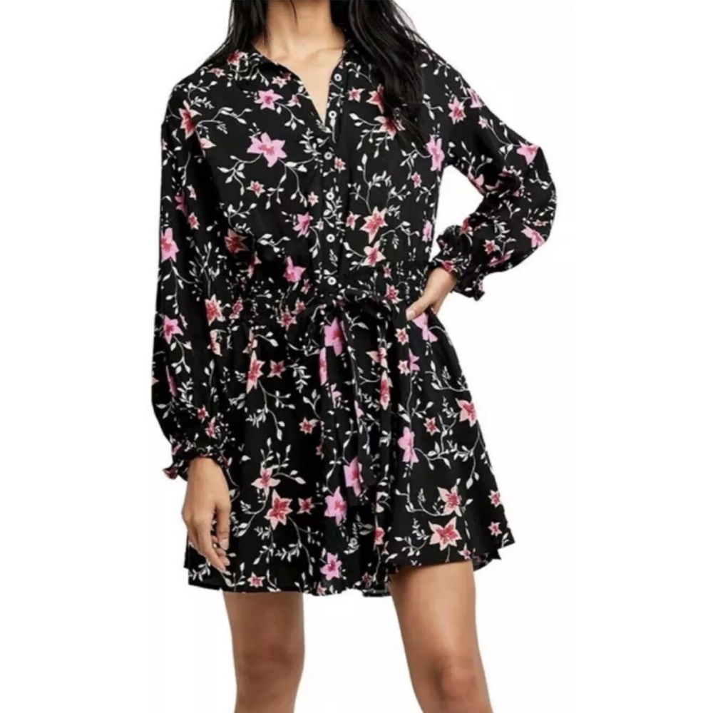 Free People Lighten Up Floral Long sleeve Black Pink Mini Dress M